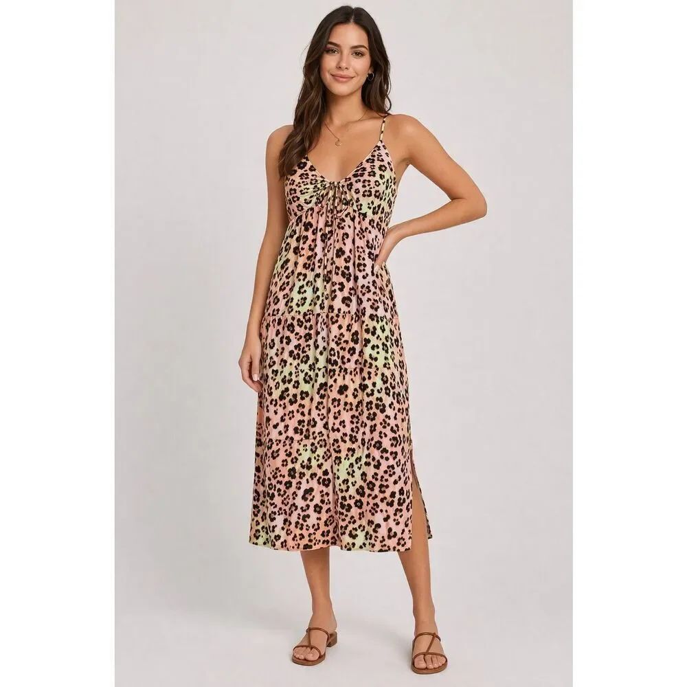 Bar III Leopard Print Midi Dress Rayon Spaghetti Strap Size M